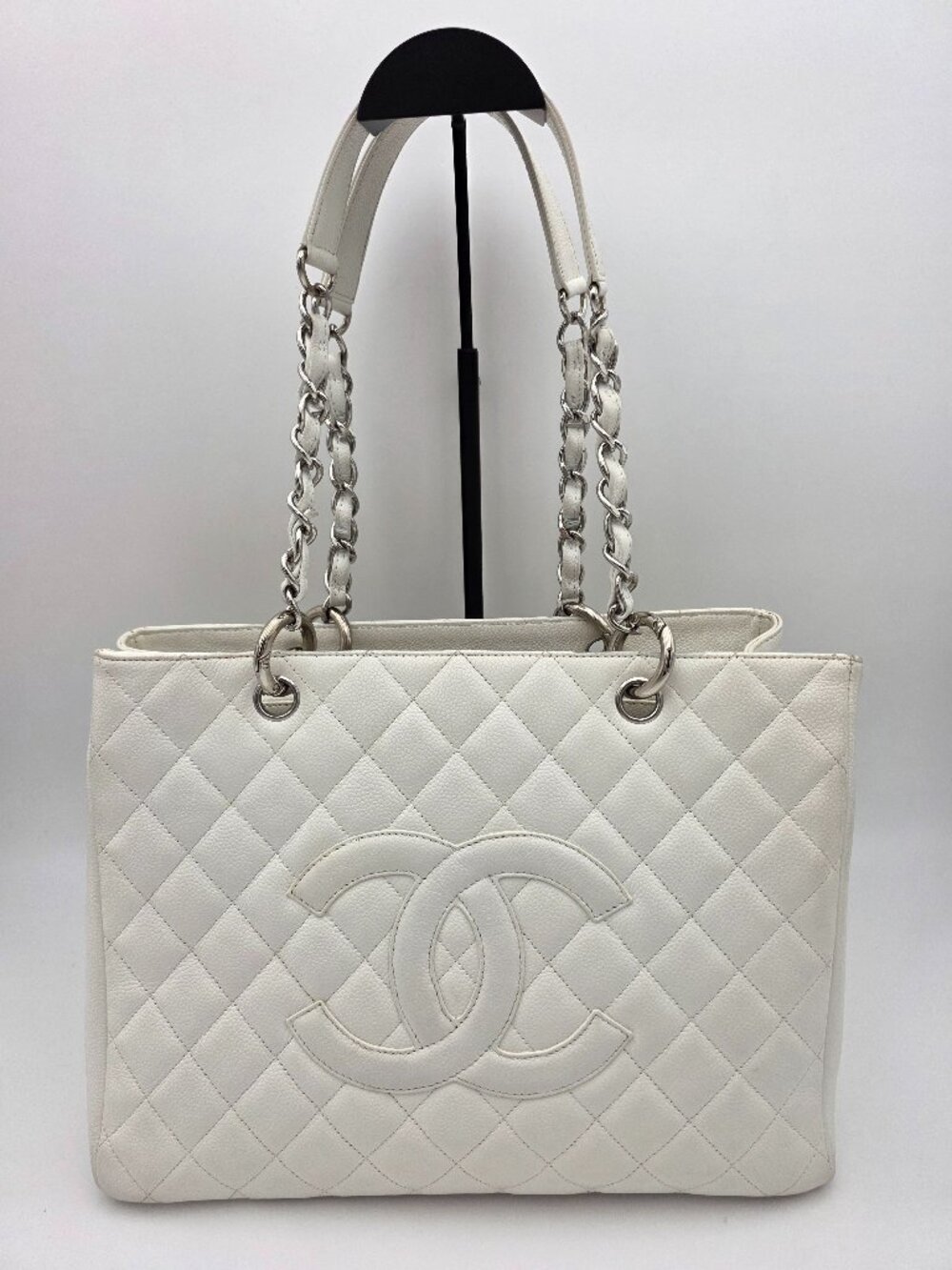 Chanel Grand Shopping Tote In White Quilted Caviar Leather